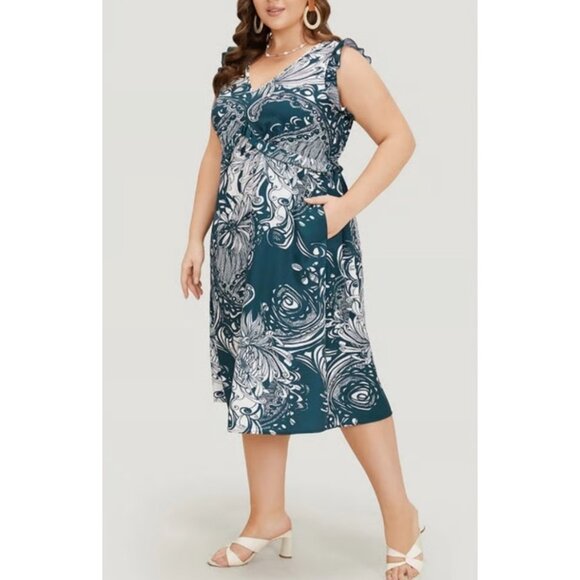 BloomChic Paisley Floral Ruffle Bust Cap Sleeve Dress Sz 22/24 (3XL) Teal Green - Picture 1 of 14